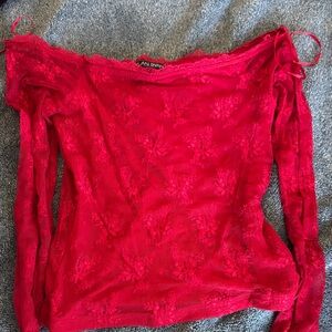 Red Lace Long Sleeve Off-Shoulder Top